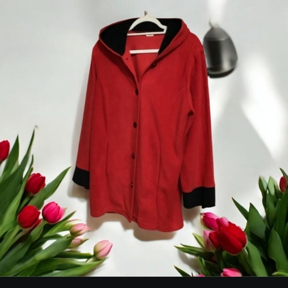Polar Fleece Red And Blackk jacketed with hood size L black at end of sleeves🌹 - Picture 3 of 8